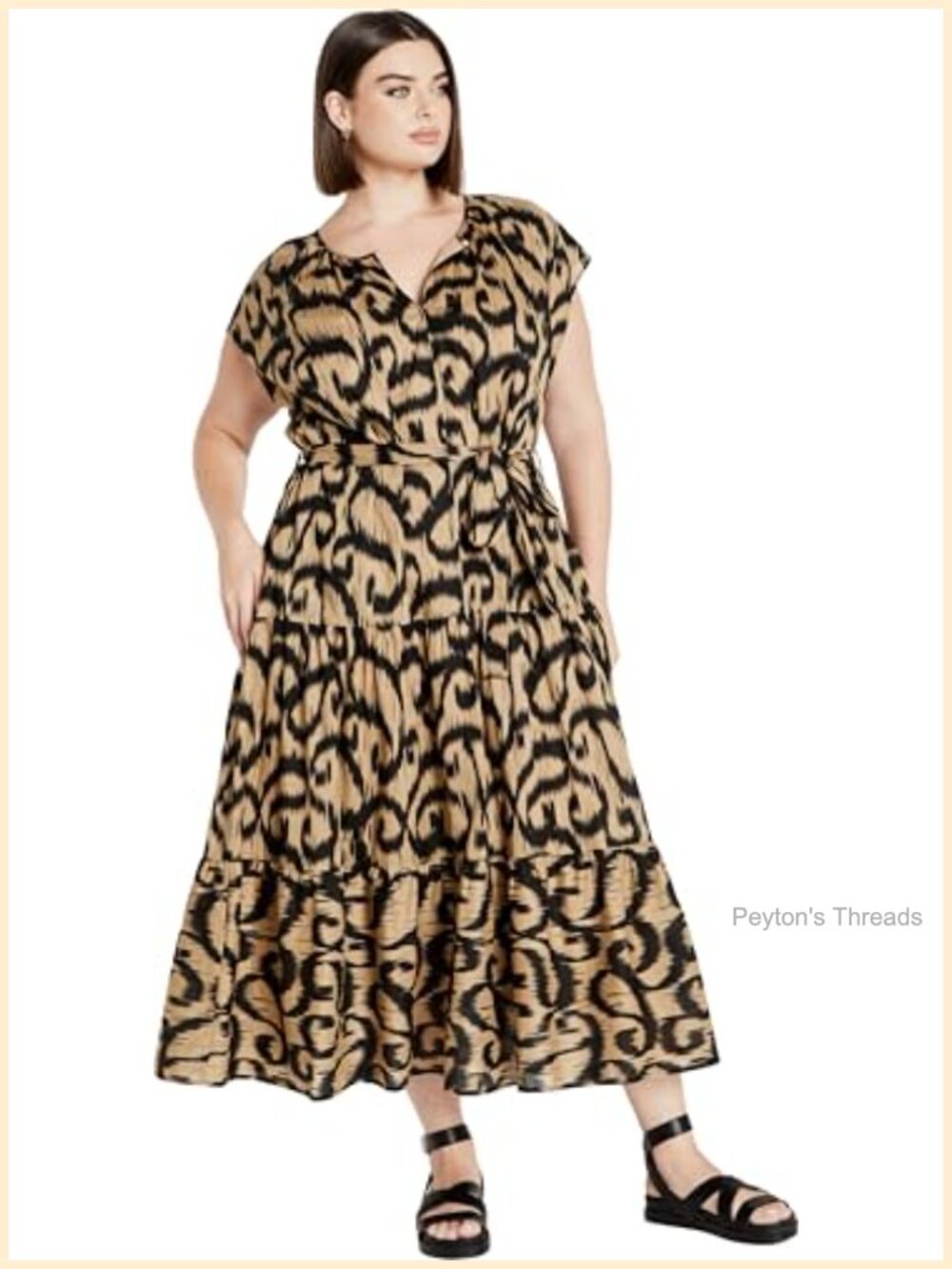 Plus Size Midi A-Line Dress V-Neck Short Sleeve Drop Waist Removable Belt